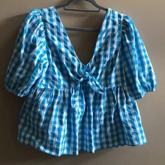 Lilly Pulitzer Sarafina Short Sleeve turquoise gingham top puff sleeve Sz 12 New - Picture 5 of 11
